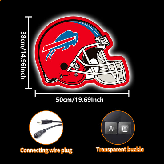 LED neon sign shaped like a Buffalo Bills football helmet with the charging buffalo logo, ideal for NFL fans and football-themed wall decor.