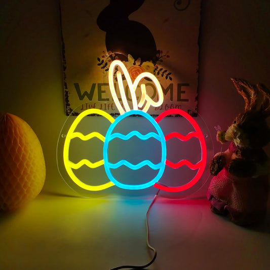 Bunny Egg Trio neon sign with center egg featuring bunny ears, Easter-themed LED wall light