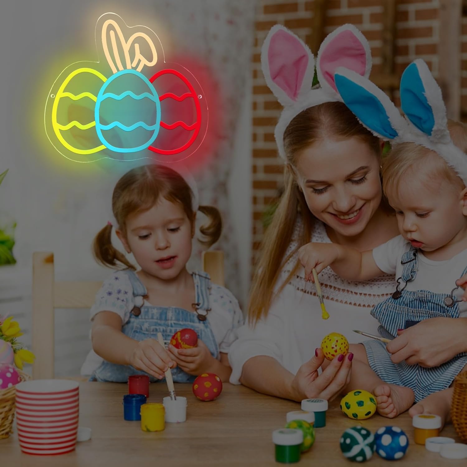 Bunny Egg Trio neon sign with center egg featuring bunny ears, Easter-themed LED wall light