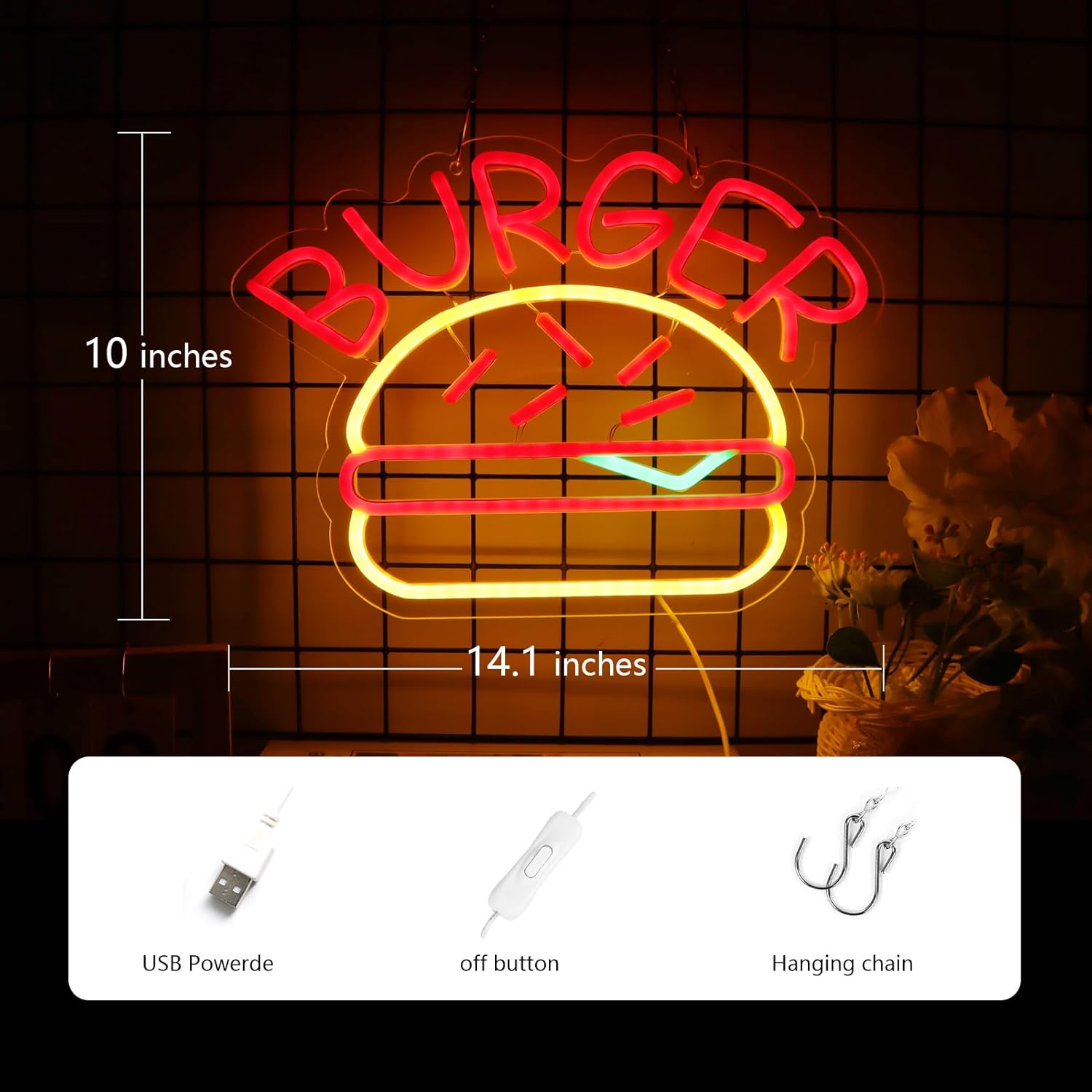 Burger Neon Sign – LED Light for Kitchen, Diner & Foodie Decor - Deen neon