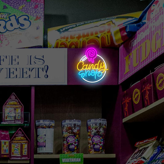 Candy Shop Neon Sign with Lollipop Design for Party and Storefront Decor