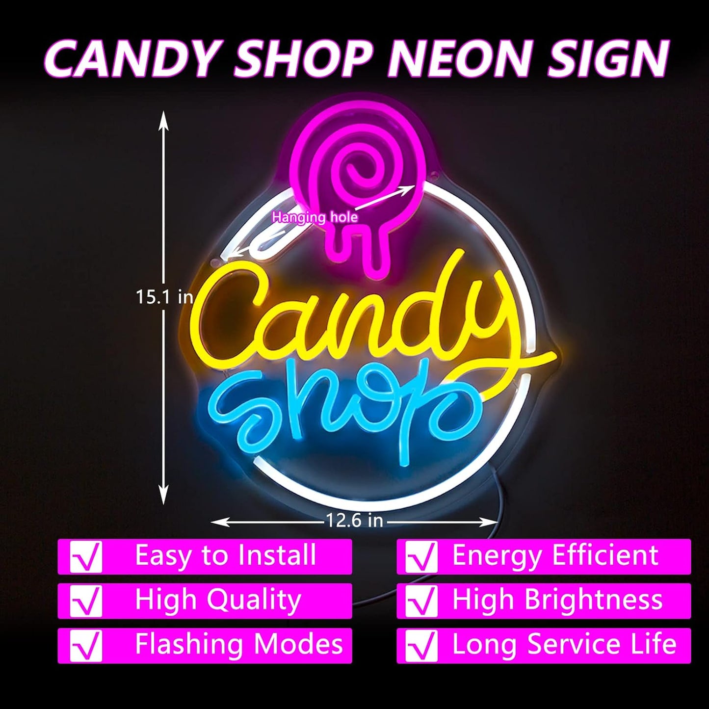 Candy Shop Neon Sign with Lollipop Design for Party and Storefront Decor