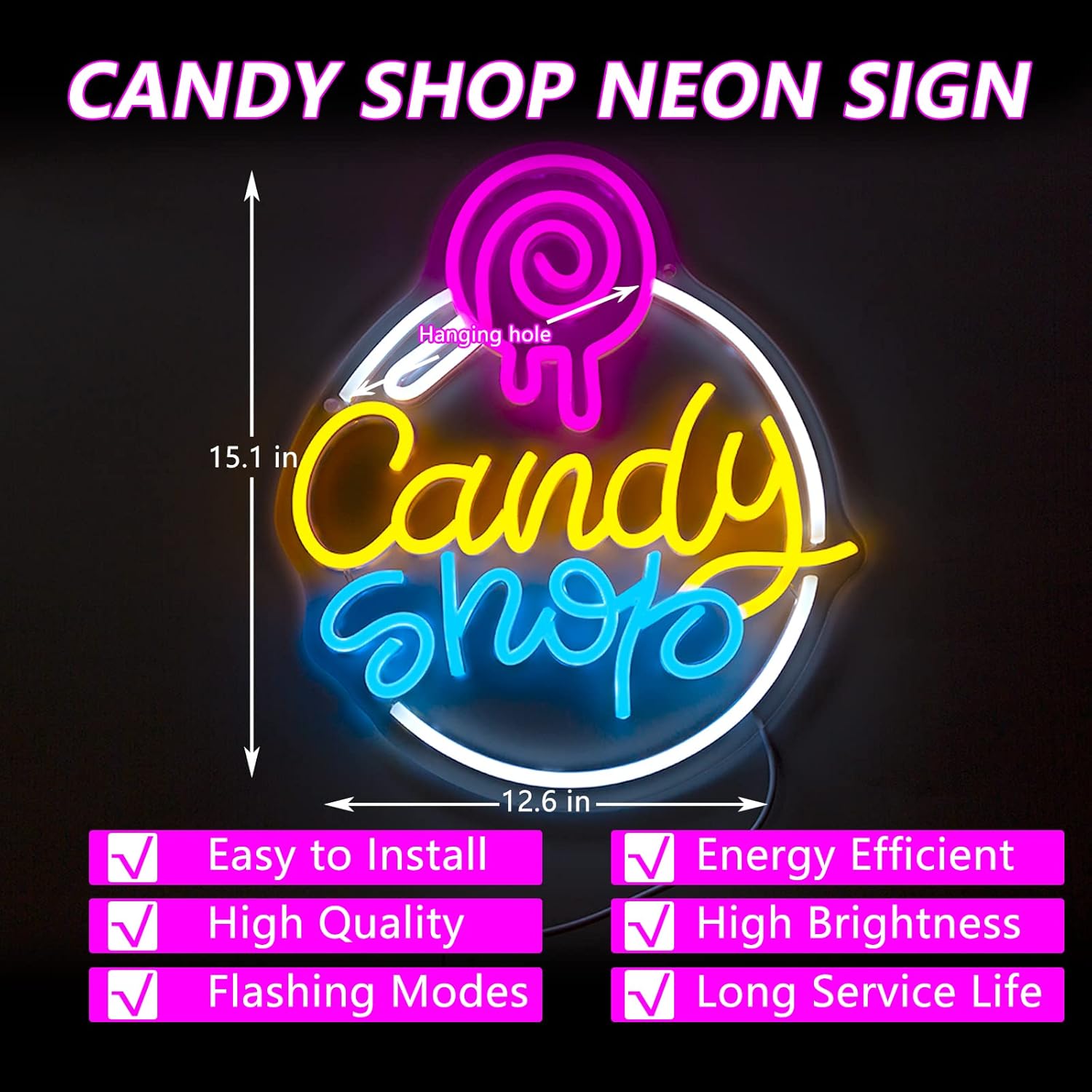 Candy Shop Neon Sign with Lollipop Design for Party and Storefront Decor