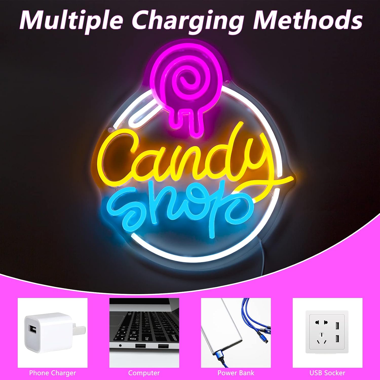 Candy Shop Neon Sign with Lollipop Design for Party and Storefront Decor