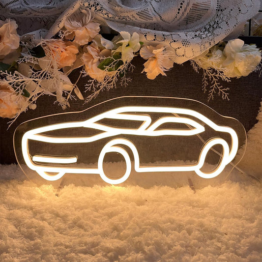 Car-shaped neon sign with LED lighting and UV printed details on clear acrylic