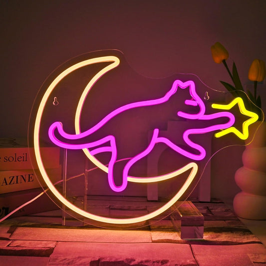 Cat Catching Stars on the Moon Neon Sign – Dreamy Night Light Décor