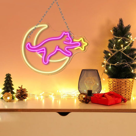 Cat Catching Stars on the Moon Neon Sign – Dreamy Night Light Décor