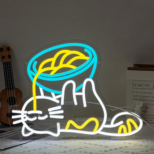 LED neon sign with cat lying under noodles bowl