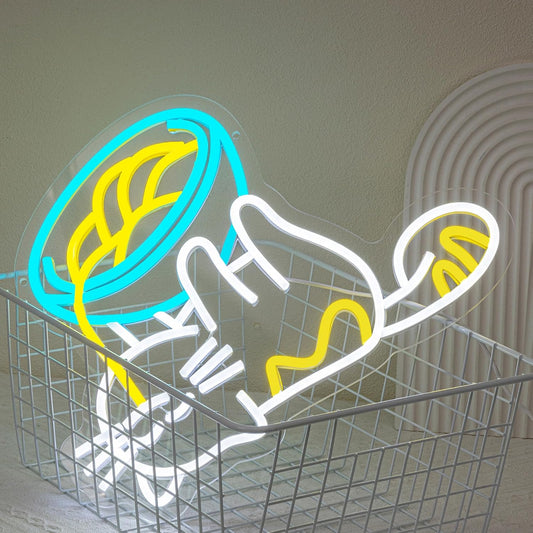 LED neon sign with cat lying under noodles bowl