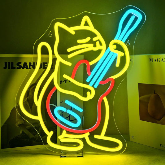 Cat Playing Guitar LED Neon Sign - Music & Aesthetic Wall Decor - Deen neon