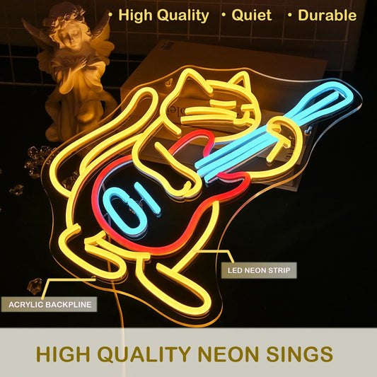 Cat Playing Guitar LED Neon Sign - Music & Aesthetic Wall Decor - Deen neon