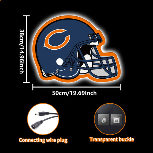 Chicago Bears football helmet-shaped LED neon sign in navy blue and orange, perfect for NFL fans, game room decor, or sports bar lighting.