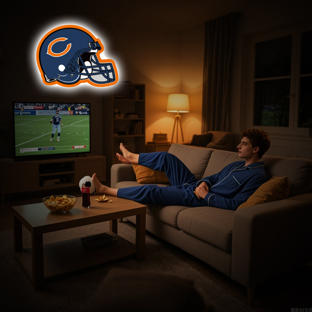 Chicago Bears football helmet-shaped LED neon sign in navy blue and orange, perfect for NFL fans, game room decor, or sports bar lighting.