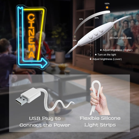 Cinema Arrow Neon Sign – Retro LED Movie Room Light