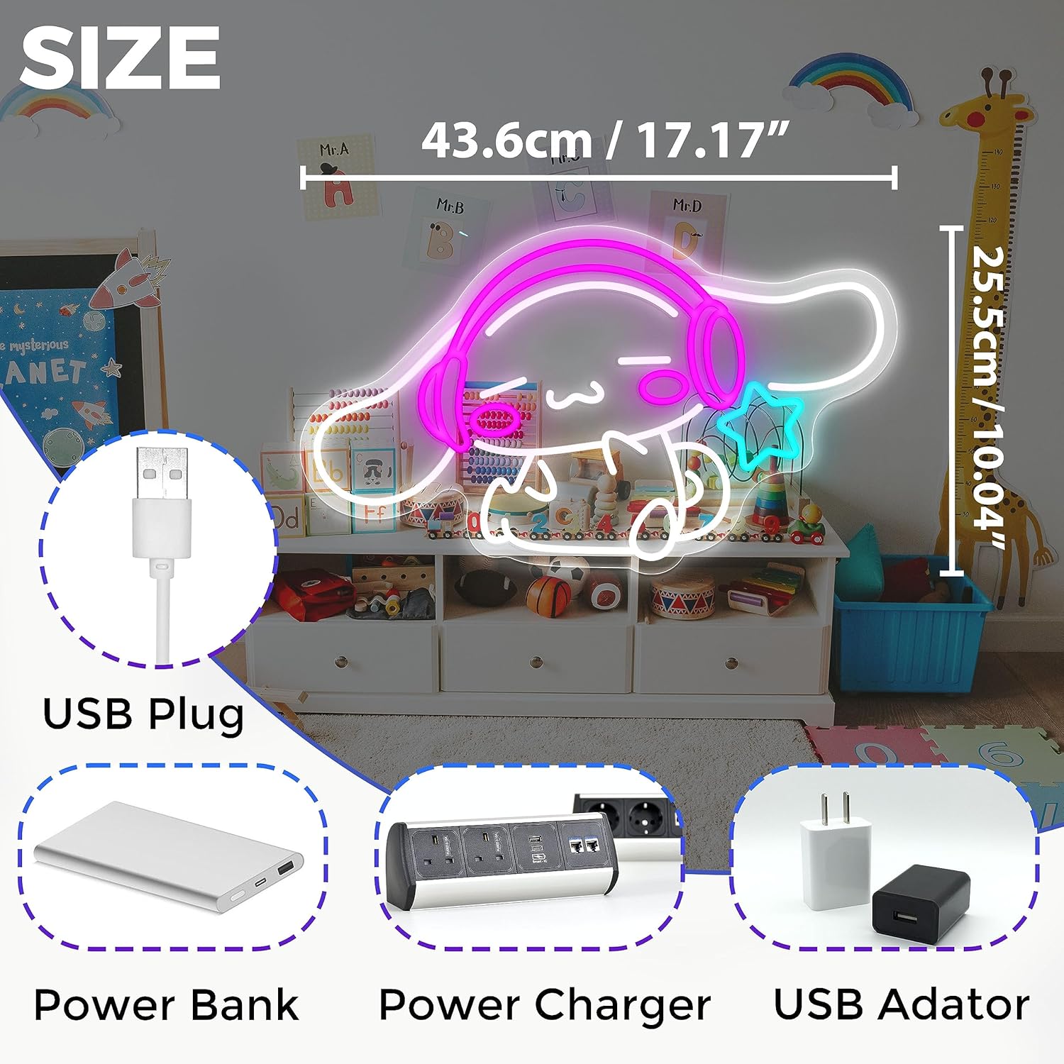 Cinnamoroll cute neon sign wall decor with pink headphones and blue star LED light