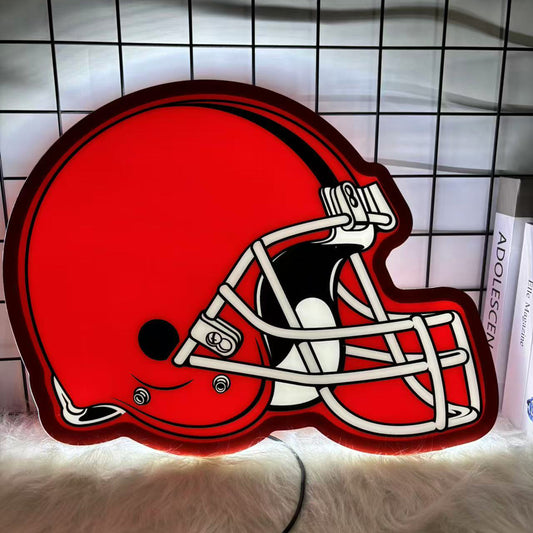 LED neon sign shaped like a Cleveland Browns football helmet in bright orange, perfect for NFL fans, sports bar walls, and football-themed rooms.