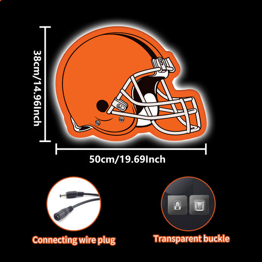 LED neon sign shaped like a Cleveland Browns football helmet in bright orange, perfect for NFL fans, sports bar walls, and football-themed rooms.