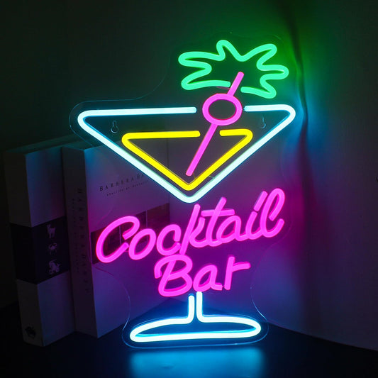 Colorful neon sign of a cocktail glass with the words "Cocktail Bar", perfect for home bars or party decor