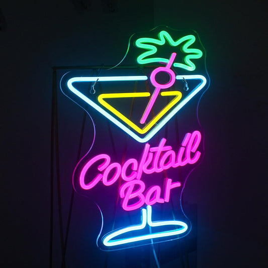 Colorful neon sign of a cocktail glass with the words "Cocktail Bar", perfect for home bars or party decor