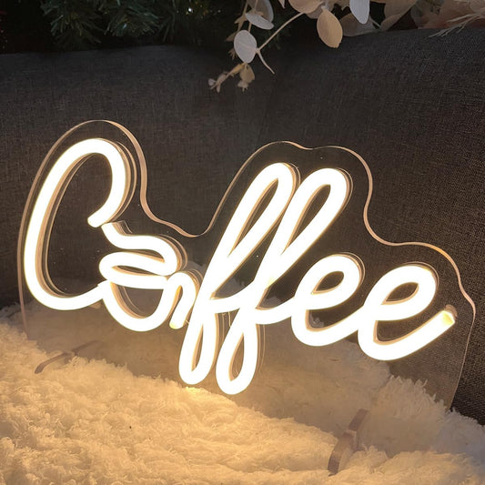 Glowing LED neon sign with the word "coffee", perfect for café, coffee bar, or kitchen wall decor.