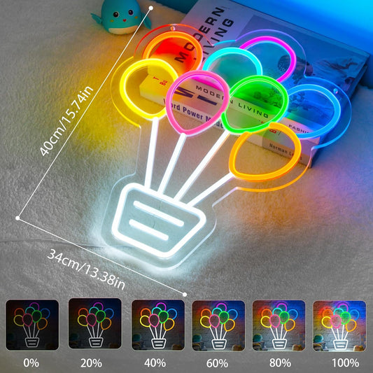 Neon sign of a basket filled with colorful balloons, glowing in LED lights