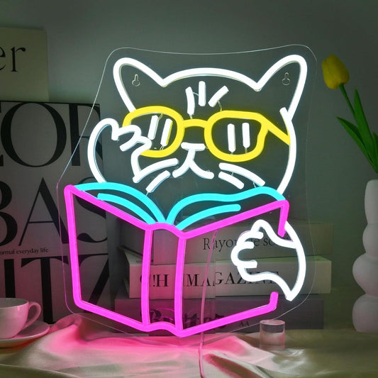 Cool cat reading neon sign with sunglasses, LED light decor for book lovers and cozy corners

