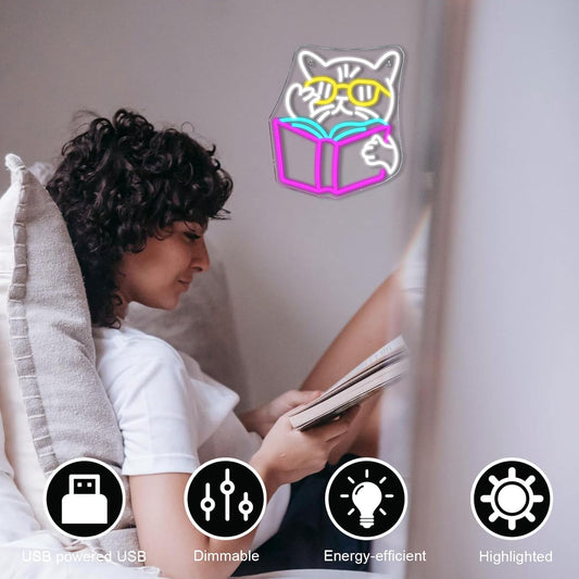 Cool cat reading neon sign with sunglasses, LED light decor for book lovers and cozy corners

