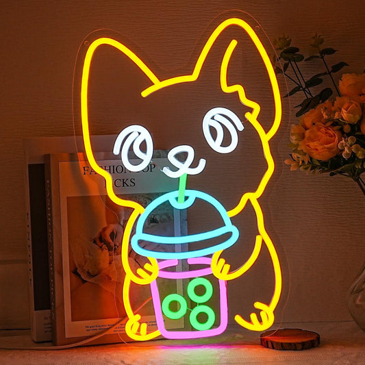 Neon sign of a corgi drinking boba tea in kawaii style
