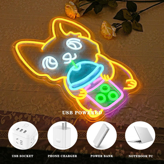 Neon sign of a corgi drinking boba tea in kawaii style