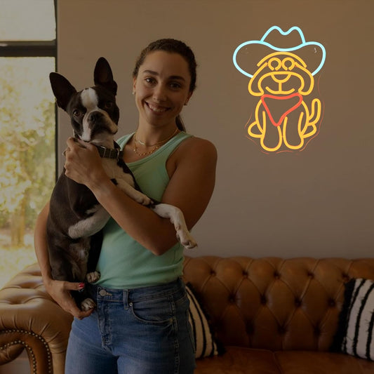 Cowboy dog neon sign with a cute dog wearing a cowboy hat – fun Western LED wall decor for bars, parties, and kids’ rooms