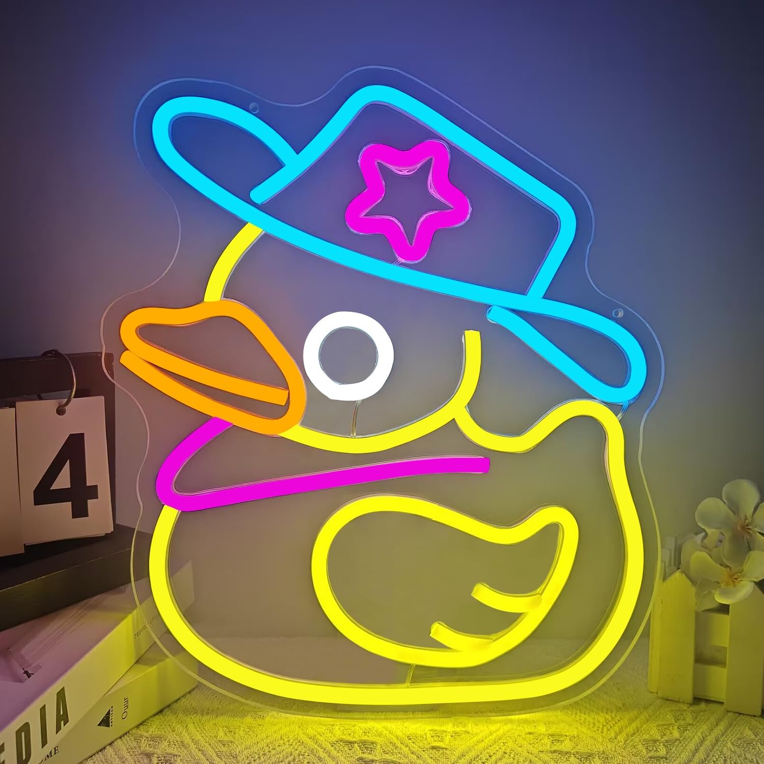 Cowboy Duck Neon Sign – Fun Yellow LED Wall Light for Kids or Playful Room Decor