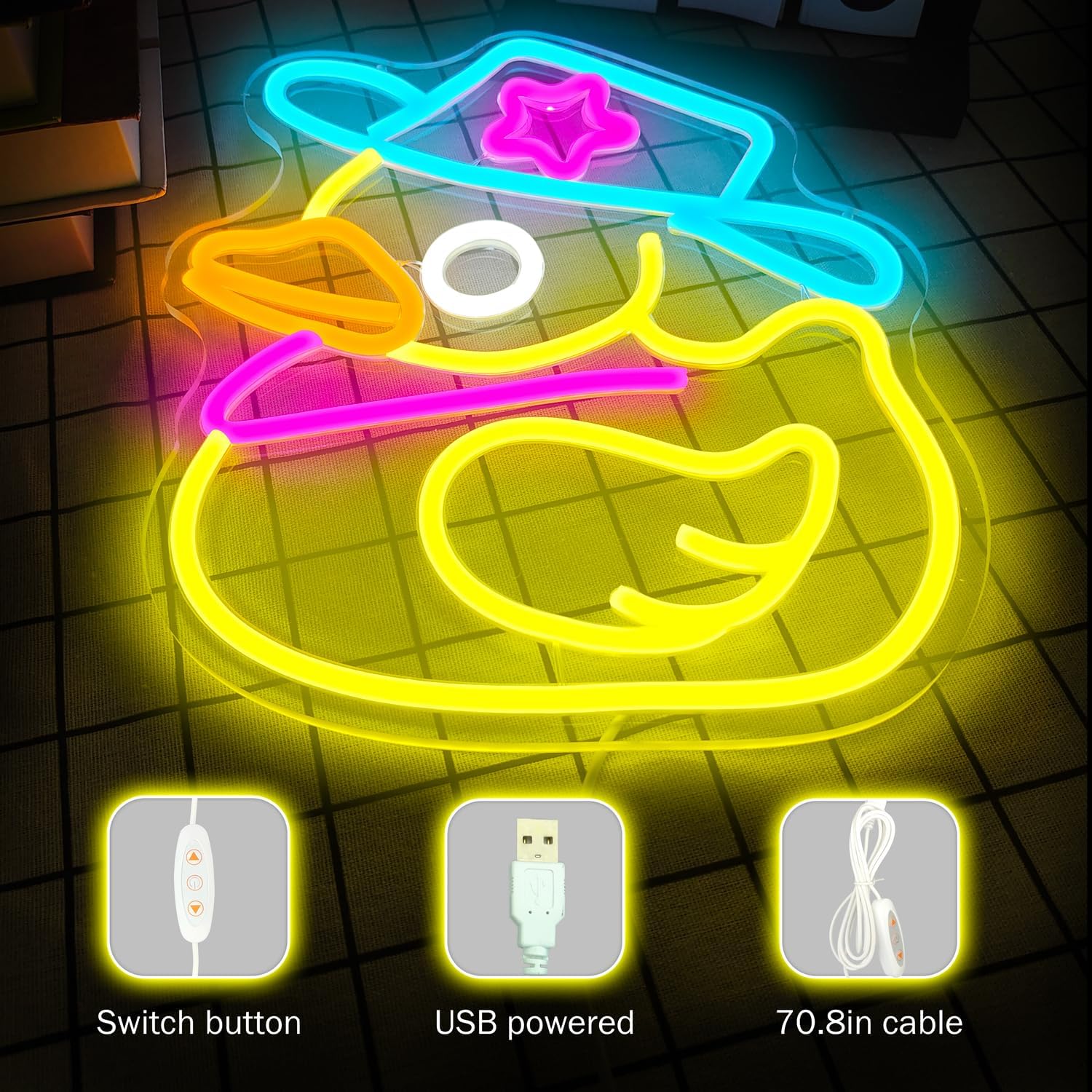 Cowboy Duck Neon Sign – Fun Yellow LED Wall Light for Kids or Playful Room Decor