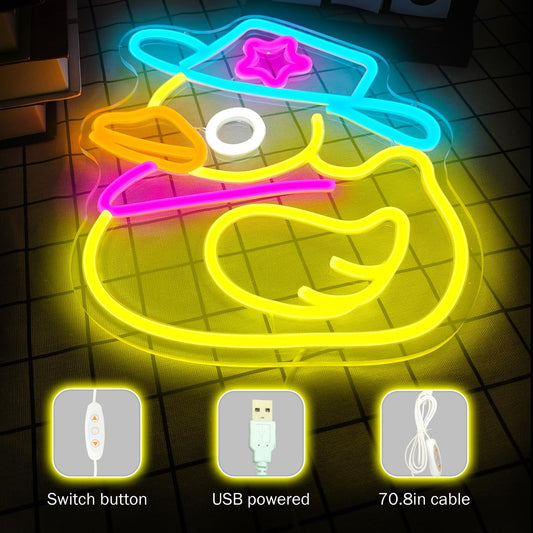 Cowboy Duck Neon Sign – Fun Yellow LED Wall Light for Kids or Playful Room Decor