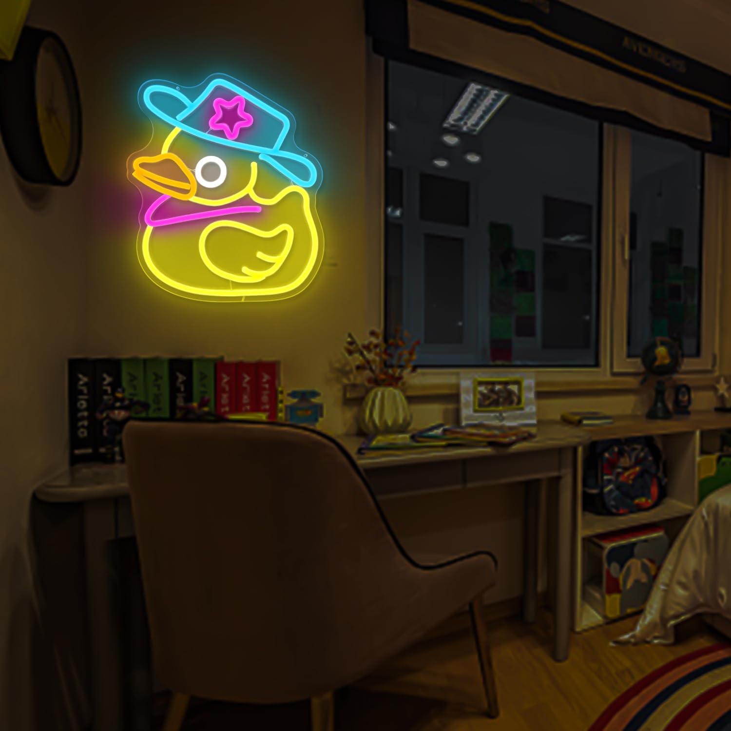 Cowboy Duck Neon Sign – Fun Yellow LED Wall Light for Kids or Playful Room Decor