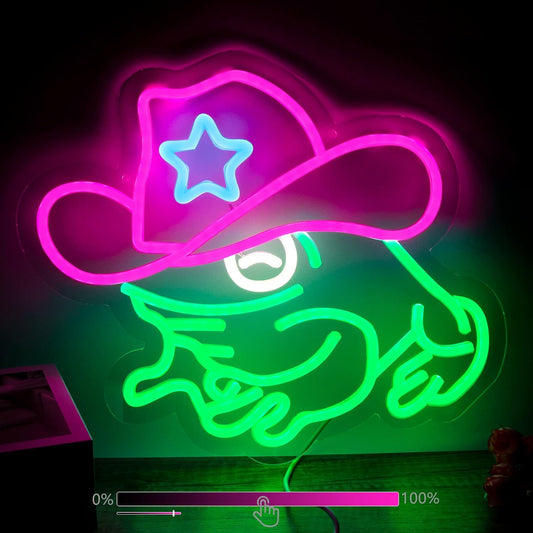 Cowboy Frog Neon Sign - Green LED Wall Light for Bars, Gamers & Western Decor