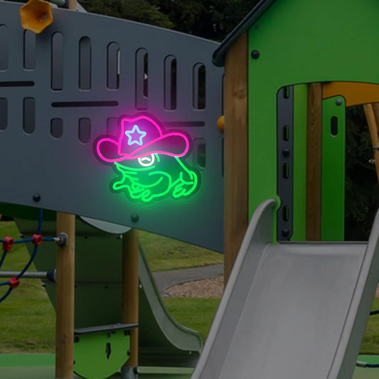 Cowboy Frog Neon Sign - Green LED Wall Light for Bars, Gamers & Western Decor