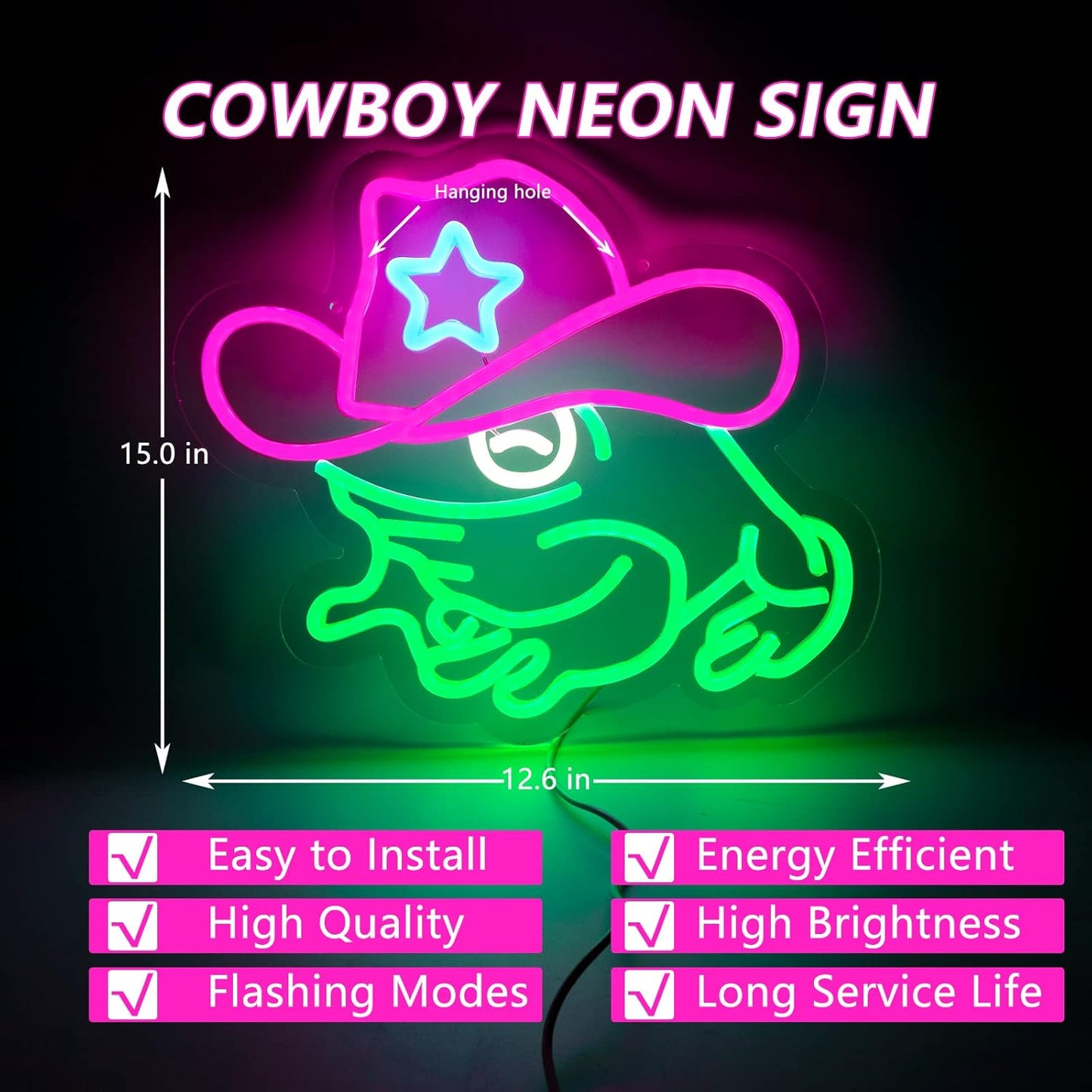Cowboy Frog Neon Sign - Green LED Wall Light for Bars, Gamers & Western Decor
