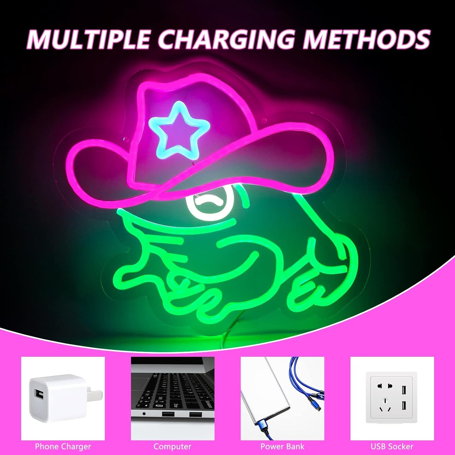 Cowboy Frog Neon Sign - Green LED Wall Light for Bars, Gamers & Western Decor