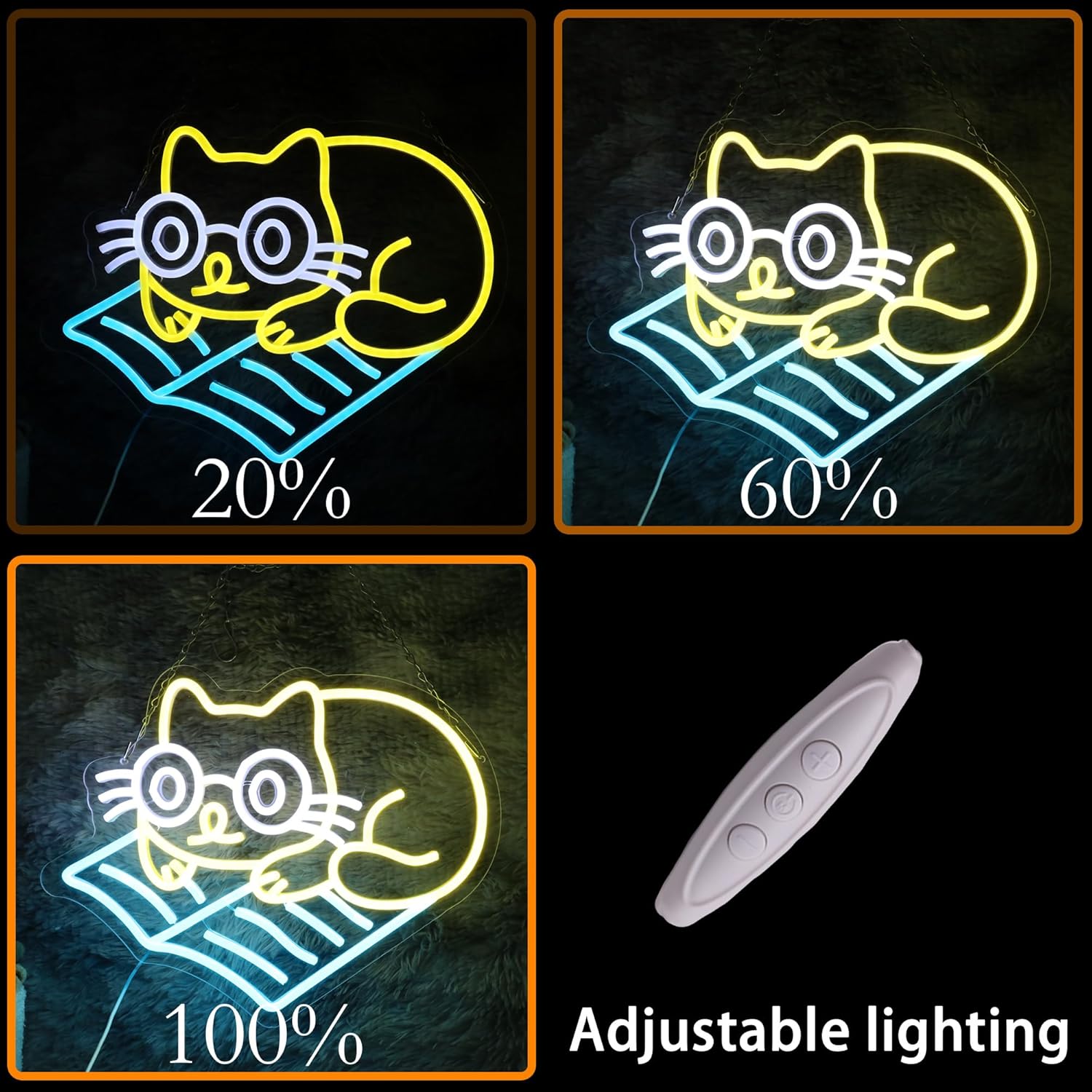 Neon sign of cat lying down and reading a book