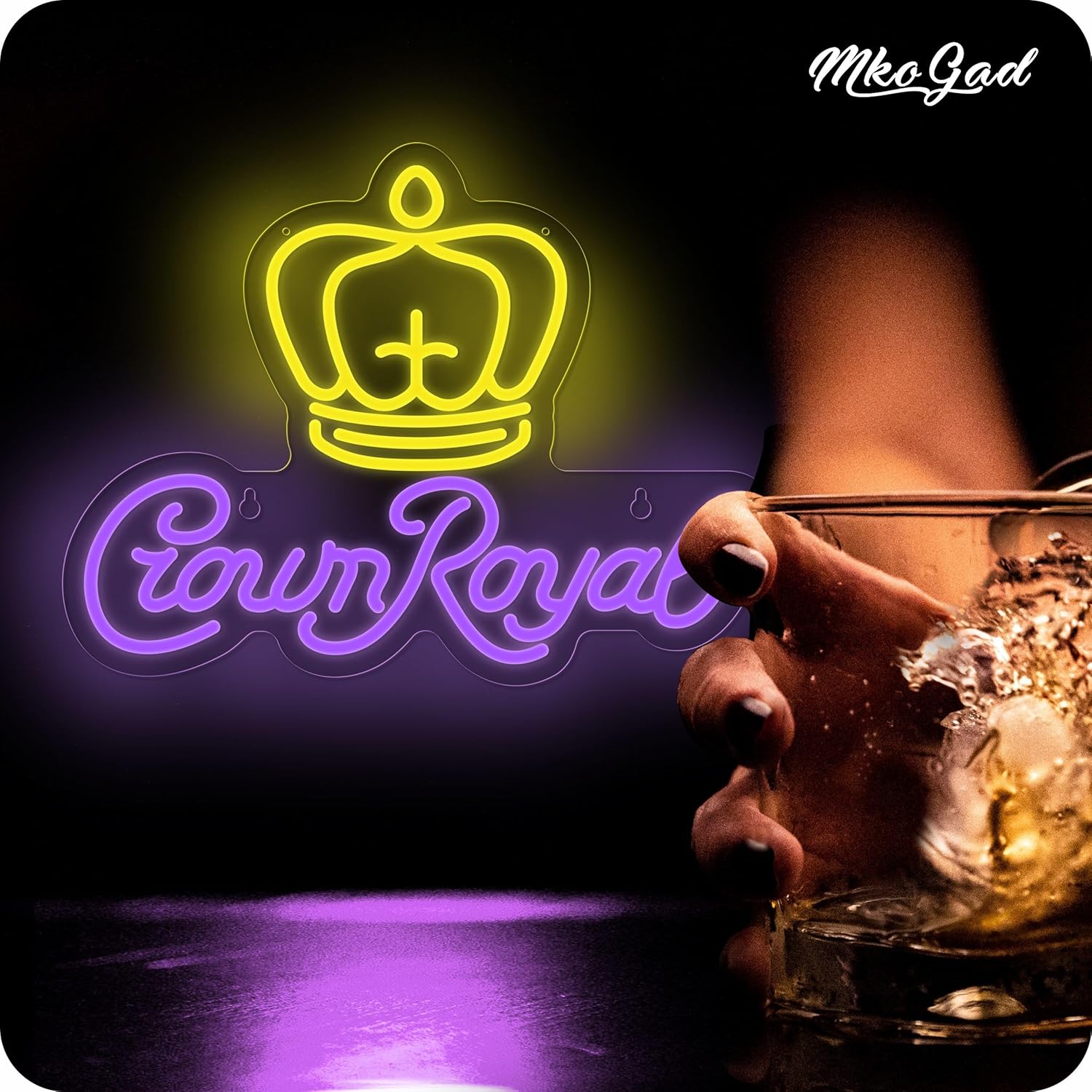 Crown Royal neon sign with yellow crown and purple cursive letters on black wall