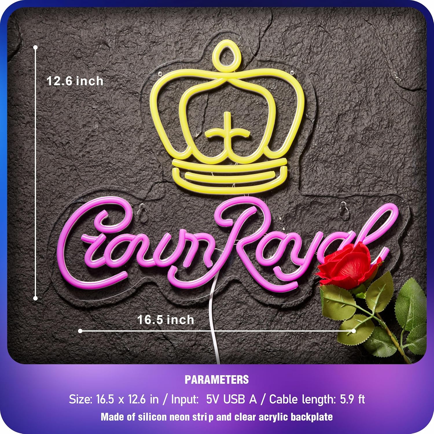 Crown Royal neon sign with yellow crown and purple cursive letters on black wall