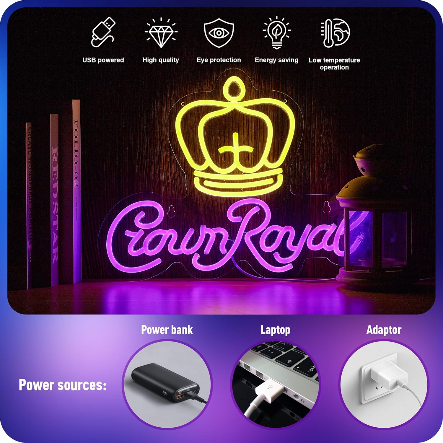 Crown Royal neon sign with yellow crown and purple cursive letters on black wall