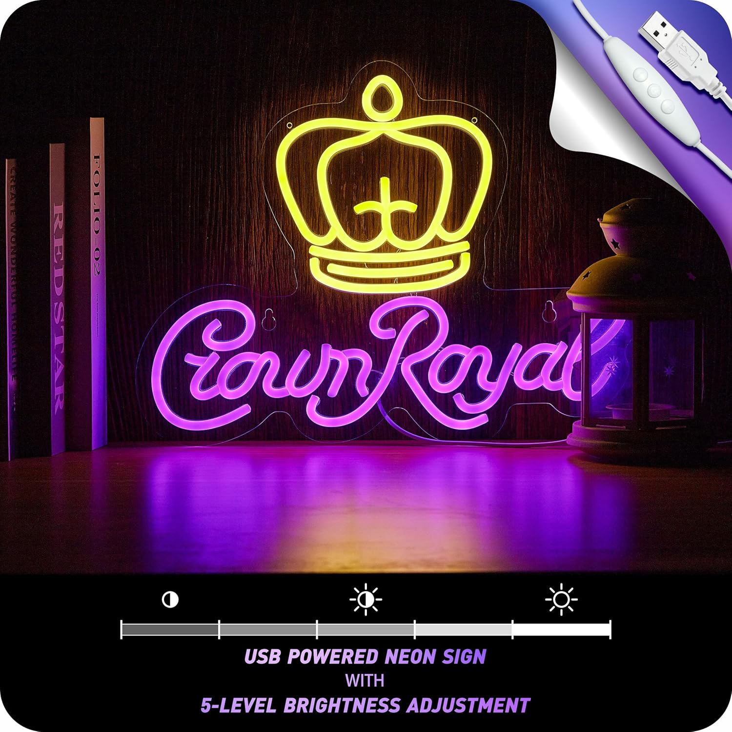 Crown Royal neon sign with yellow crown and purple cursive letters on black wall