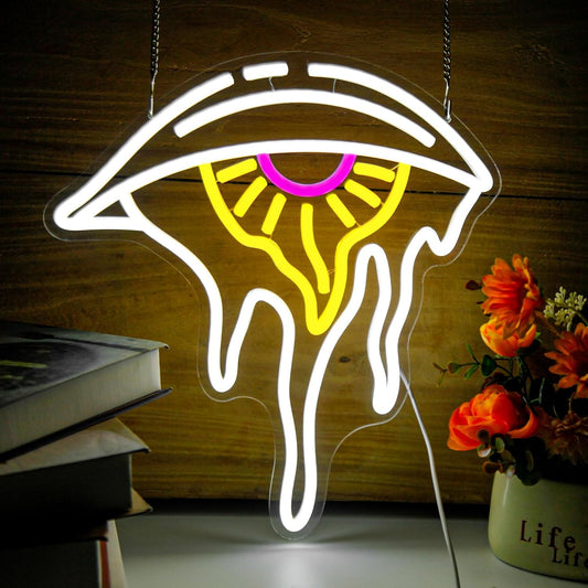 LED neon sign shaped like a crying eye with teardrop, glowing softly on a wall, perfect for moody and expressive interior design