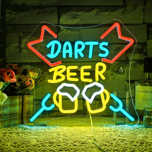 Darts and beer neon sign with LED clinking mugs for bar, game room, or pub decor