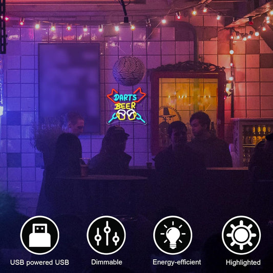 Darts and beer neon sign with LED clinking mugs for bar, game room, or pub decor