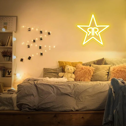 Double R Star Neon Sign - LED Wall Light for Bars, Studios & Home Decor