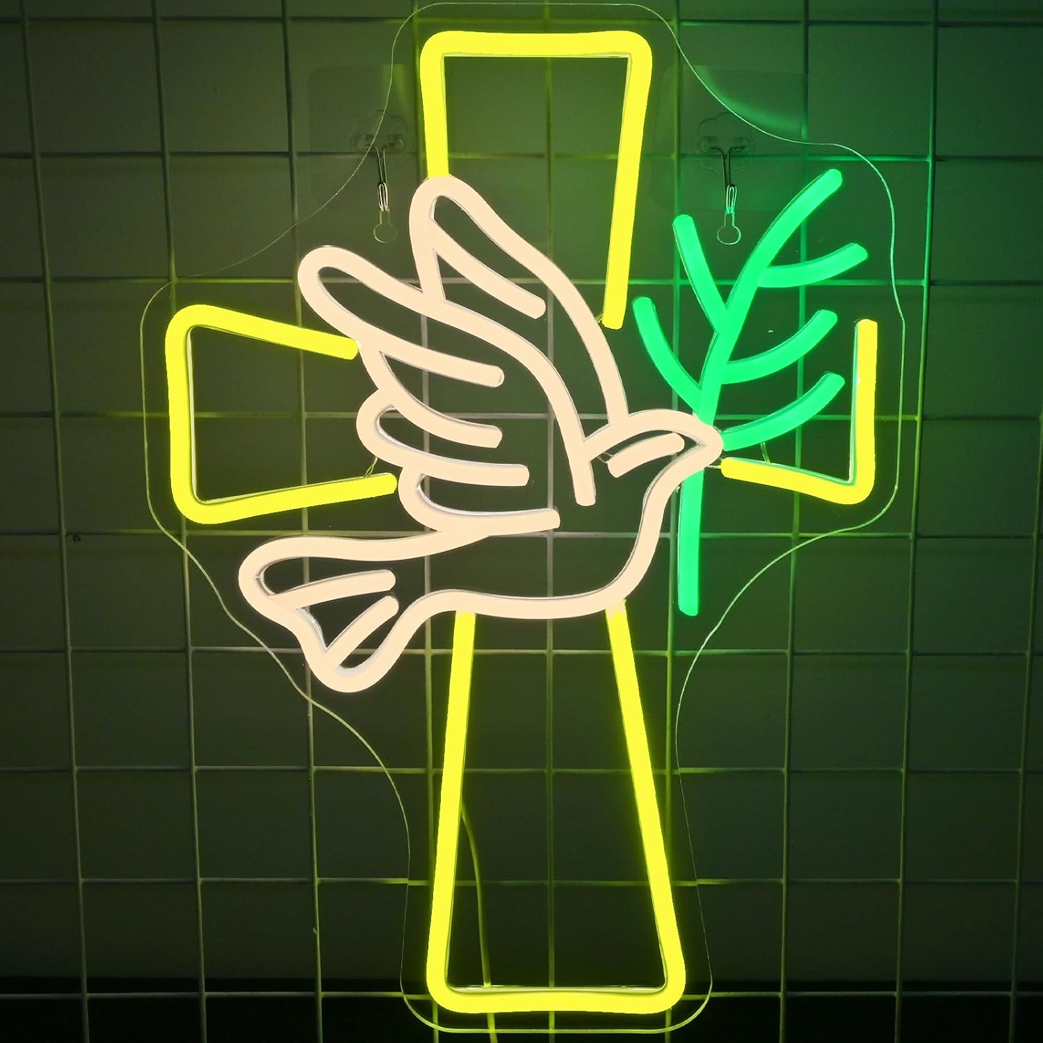 Dove and cross neon sign – peace dove with a glowing cross tombstone, LED memorial and religious wall decor

