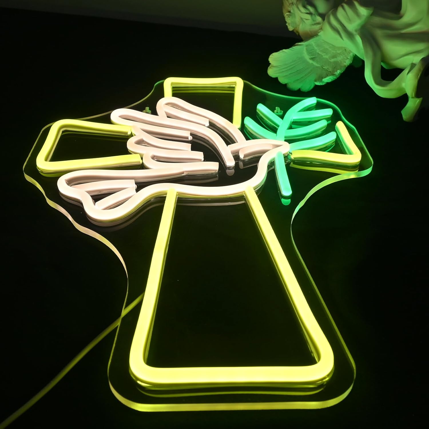 Dove and cross neon sign – peace dove with a glowing cross tombstone, LED memorial and religious wall decor

