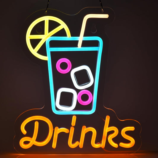 Neon sign with drink cup icon and DRINKS text for bar or beverage shop decor

